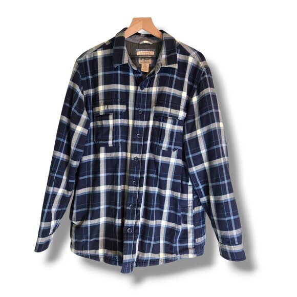 LL Bean Shacket Mens Large TALL Blue Plaid Lumberjack Flannel Quilt Lined - Picture 1 of 8